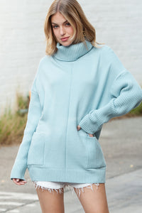 Blue Pockets Turtleneck Ribbed Oversized Sweater