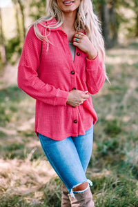 Hot Pink Pocket Buttons Front Waffle Knit Shacket