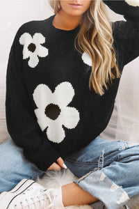 Black Flower Pattern Ribbed Trim Knit Round Neck Sweater