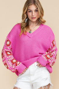 Rose Crochet Long Sleeve Knitted Pullover V Neck Sweater