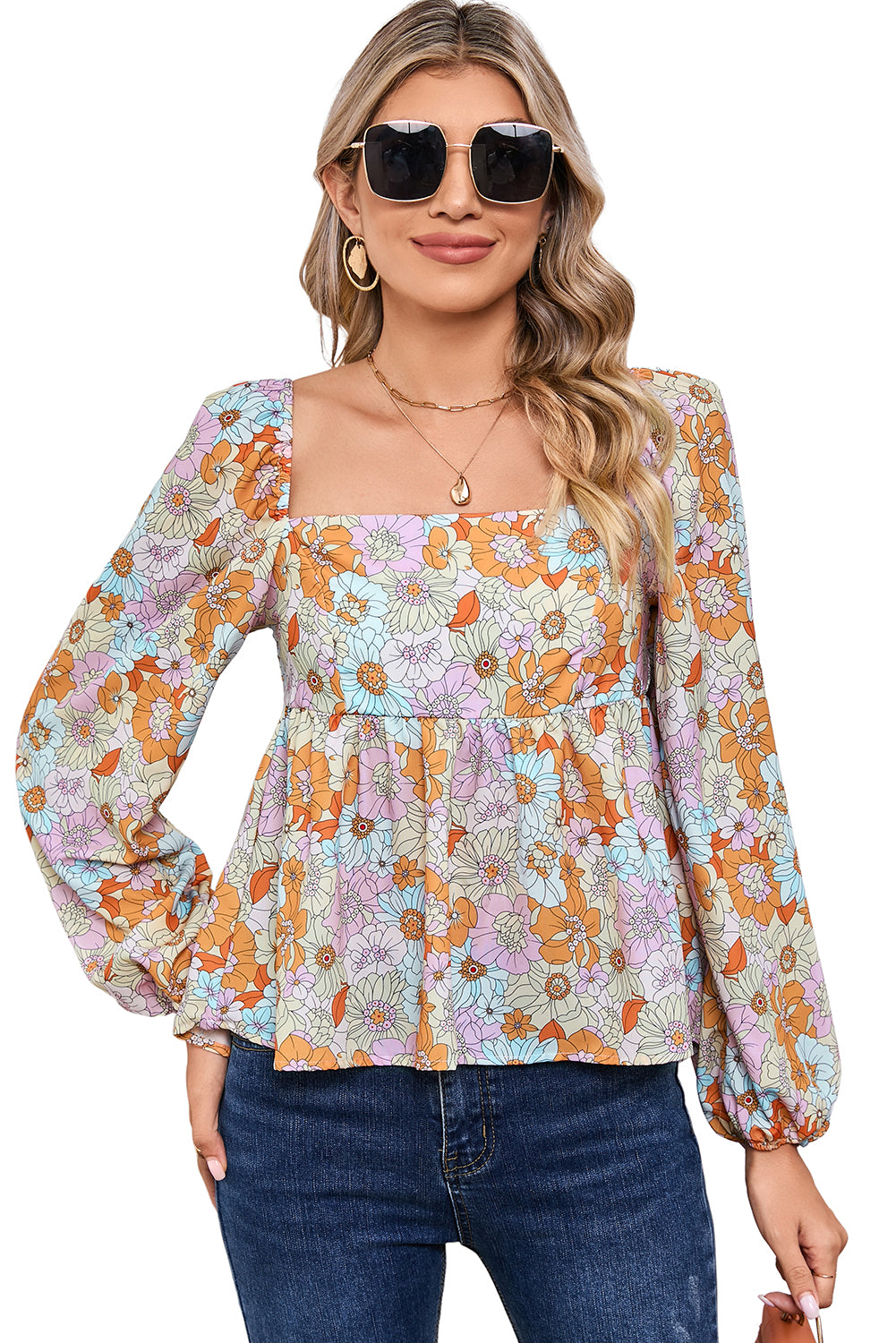 Orange Floral Square Neck Puff Sleeve Babydoll Blouse