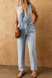 Light Blue Casual Pocketed Sleeveless Belted Waist Jumpsuit