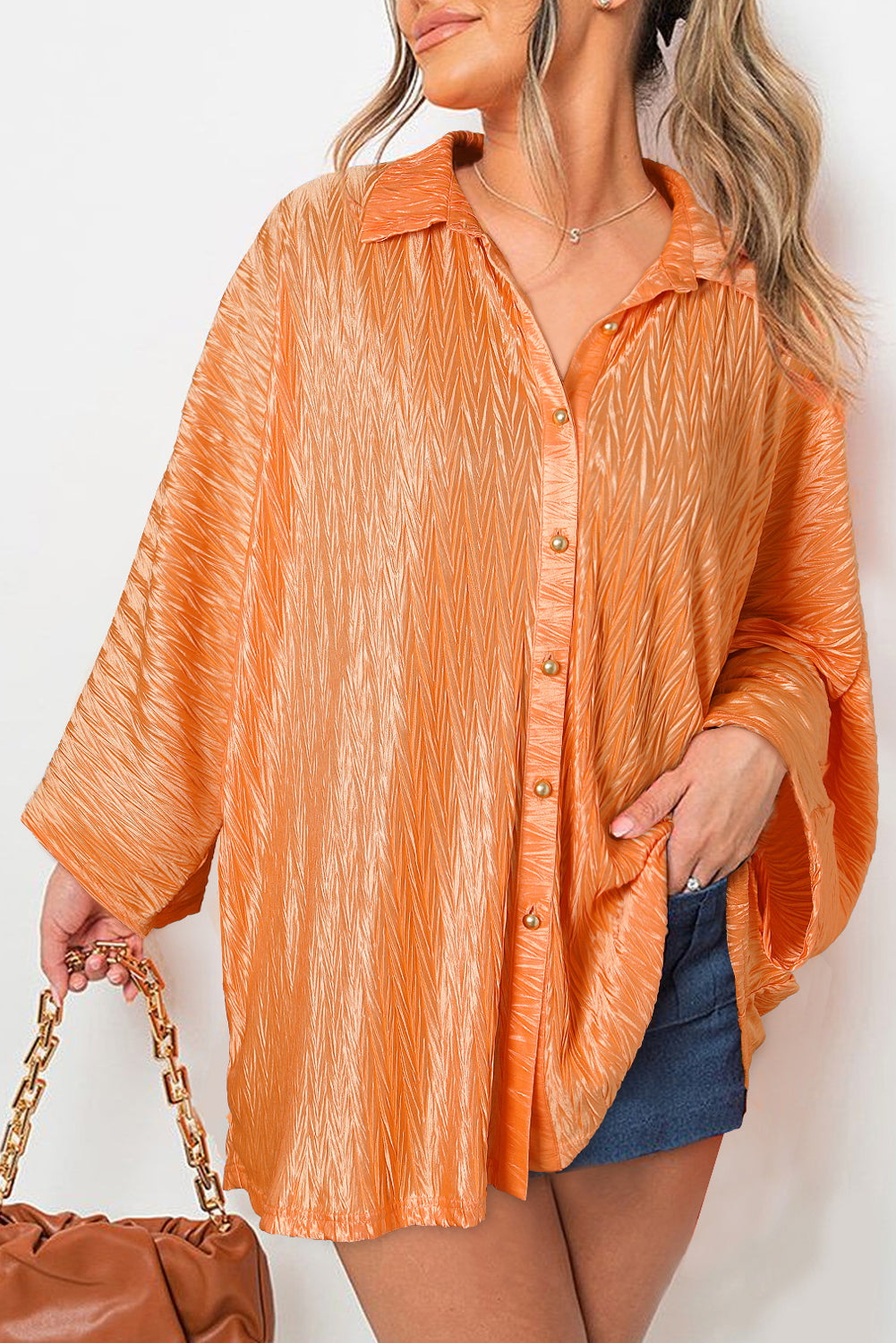 Orange Textured Button Up Batwing Sleeve Shirt