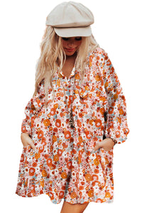 Orange Boho Floral Print V Neck Pocketed Mini Dress