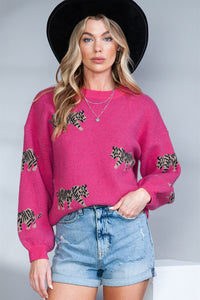 Rose Red Leopard Pattern Drop Shoulder Knit Sweater