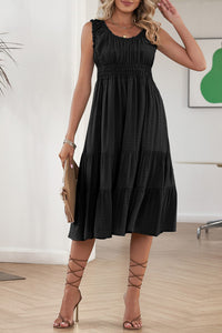 Black U-Neck Sleeveless Ruched Tiered Ruffled Midi Dress